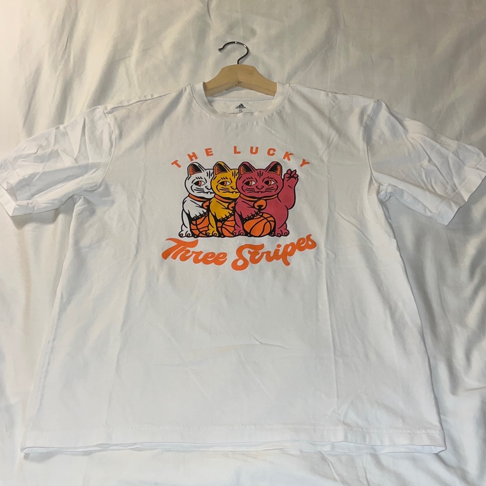 Adidas White Crew Neck “Lucky Three Strips” Cat Basketball Tee